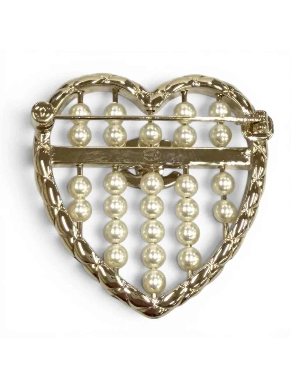 Chanel CC Logo Quilted Heart Brooch Gold White